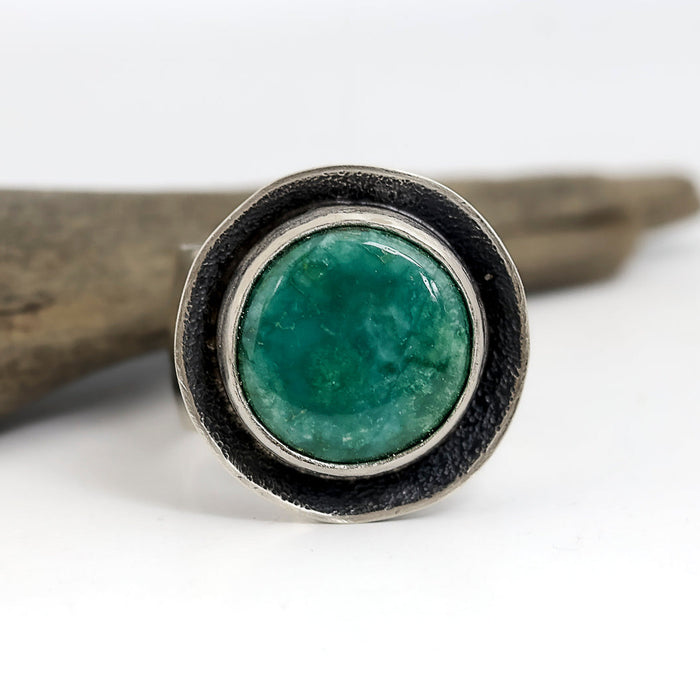 Sterling silver ring with Emerald Valley turquoise from Nevada, concave setting with sand texture, wide band, handmade by LjB Jewelry