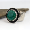 Sterling silver ring with Emerald Valley turquoise from Nevada, concave setting with sand texture, wide band, handmade by LjB Jewelry