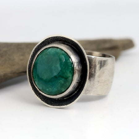 Sterling silver ring with Emerald Valley turquoise from Nevada, concave setting with sand texture, wide band, handmade by LjB Jewelry