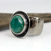 Sterling silver ring with Emerald Valley turquoise from Nevada, concave setting with sand texture, wide band, handmade by LjB Jewelry