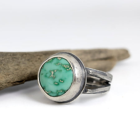 Sterling silver split shank ring with soft green Emerald Valley turquoise from Nevada, line textured band, handmade by LjB Jewelry