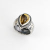 Handmade sterling silver ring with high dome teardrop Namibia citrine, sand textured bezel frame and wide textured dome band with oxidized patina, size 9