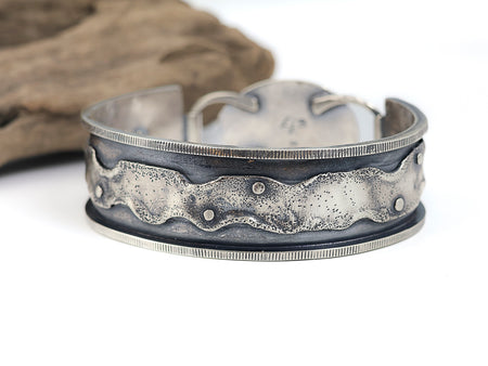Sterling silver cuff bracelet with Royston turquoise from Nevada, reticulated silver detail, patina finish, handmade by LjB Jewelry