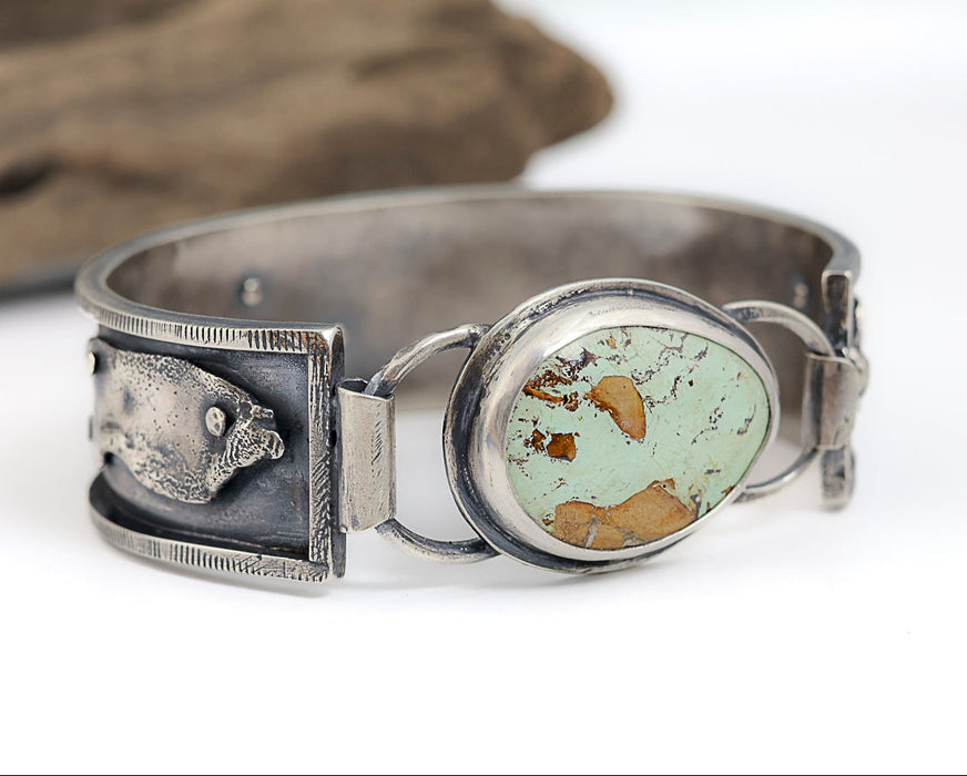 Sterling silver cuff bracelet with Royston turquoise from Nevada, reticulated silver detail, patina finish, handmade by LjB Jewelry