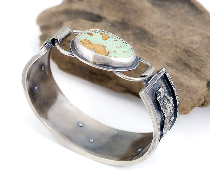 Sterling silver cuff bracelet with Royston turquoise from Nevada, reticulated silver detail, patina finish, handmade by LjB Jewelry