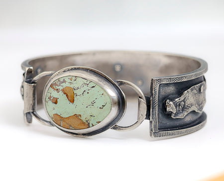 Sterling silver cuff bracelet with Royston turquoise from Nevada, reticulated silver detail, patina finish, handmade by LjB Jewelry