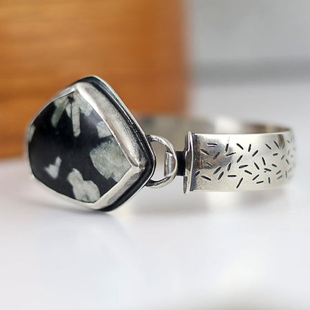 Sterling silver tension cuff bracelet with chinese writing stone