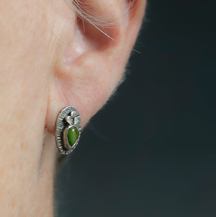 Sterling silver stud earrings with Sonora Gold turquoise from Mexico, line texture and hand textured silver granules, handmade by LjB Jewelry