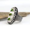 Sterling silver saddle ring with three Sonora Gold turquoise teardrops from Mexico, hollow form and silver granules, sand texture, handmade by LjB Jewelry