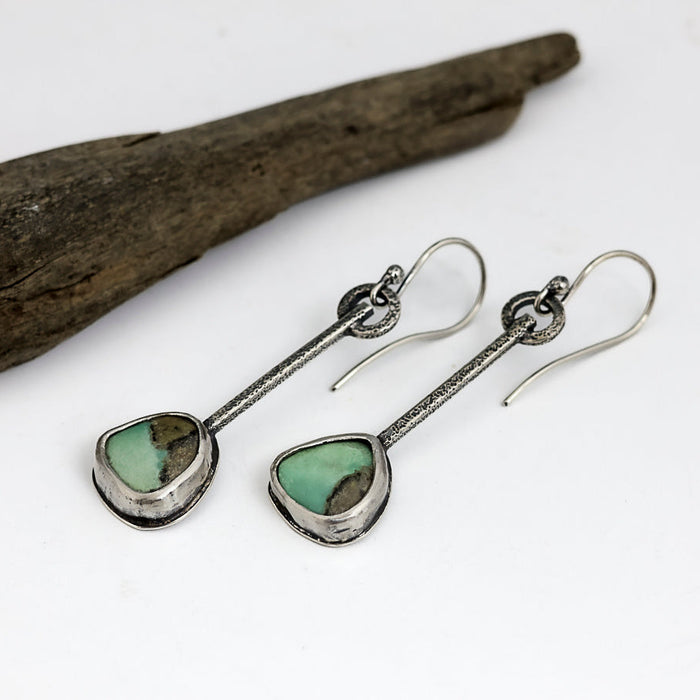 Sterling silver dangle earrings with green turquoise stones and hand textured square wire, handmade by LjB Jewelry