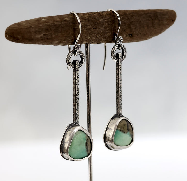 Sterling silver dangle earrings with green turquoise stones and hand textured square wire, handmade by LjB Jewelry
