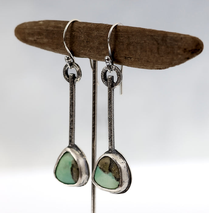 Sterling silver dangle earrings with green turquoise stones and hand textured square wire, handmade by LjB Jewelry