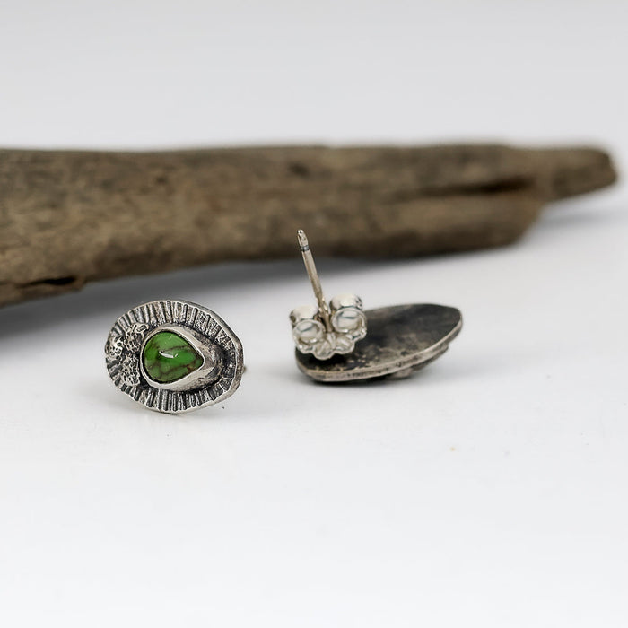 Sterling silver stud earrings with Sonora Gold turquoise from Mexico, line texture and hand textured silver granules, handmade by LjB Jewelry