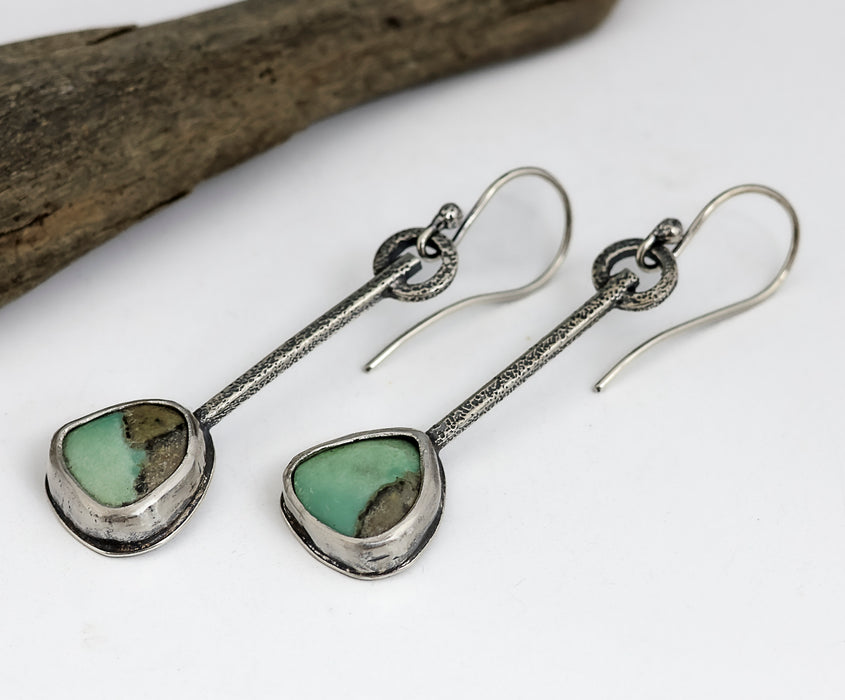 Sterling silver dangle earrings with green turquoise stones and hand textured square wire, handmade by LjB Jewelry
