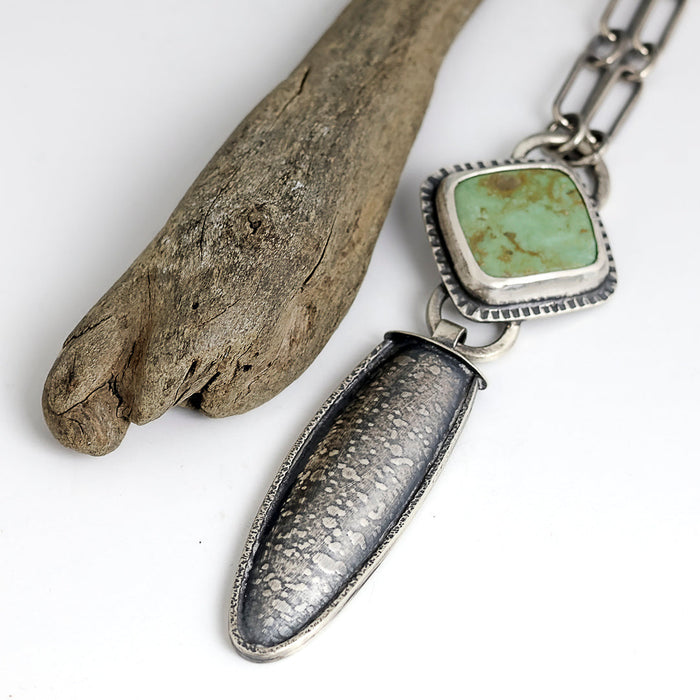 Sterling silver necklace with Kingman turquoise from Arizona and textured hollow form pendant, patina finish, handmade by LjB Jewelry