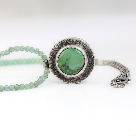 Sterling silver hollow form pendant with Emerald Valley turquoise from Nevada on faceted green apatite bead strand, handmade by LjB Jewelry