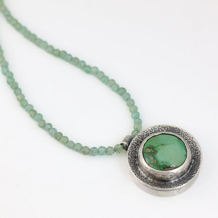 Sterling silver hollow form pendant with Emerald Valley turquoise from Nevada on faceted green apatite bead strand, handmade by LjB Jewelry