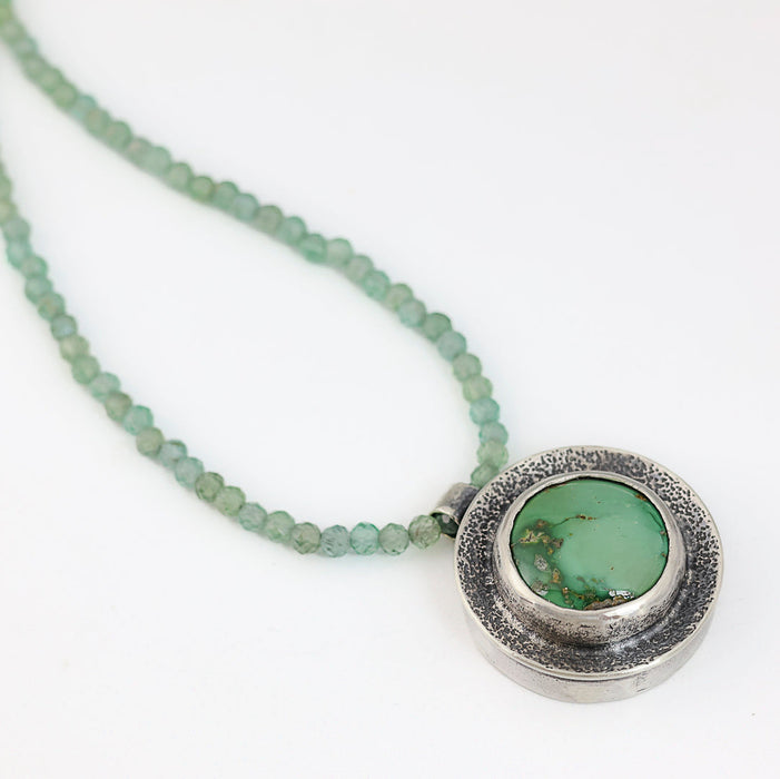 Sterling silver hollow form pendant with Emerald Valley turquoise from Nevada on faceted green apatite bead strand, handmade by LjB Jewelry