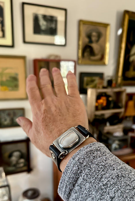 black leather bracelet with agate stone