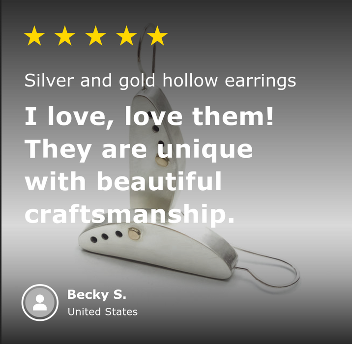 five star review for sterling silver and gold hollow form earrings