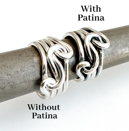 sterling silver double knot ring that shows with patina and withouth patina