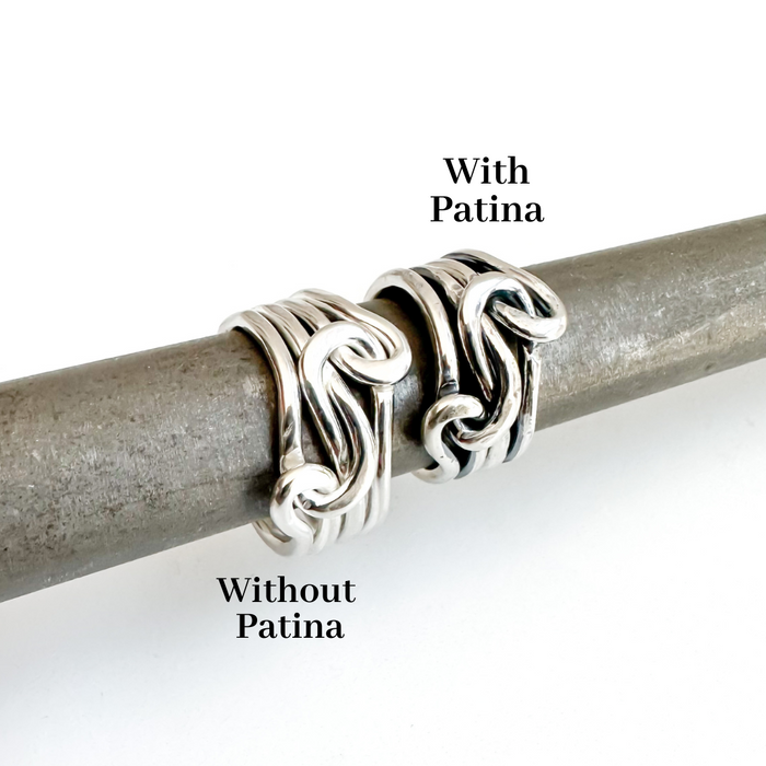 sterling silver double knot ring that shows with patina and withouth patina