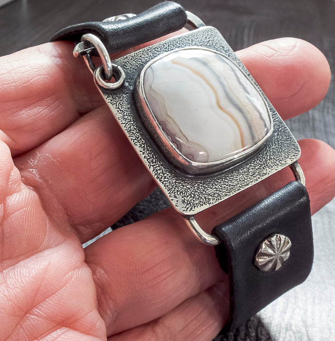 black leather bracelet with agate stone