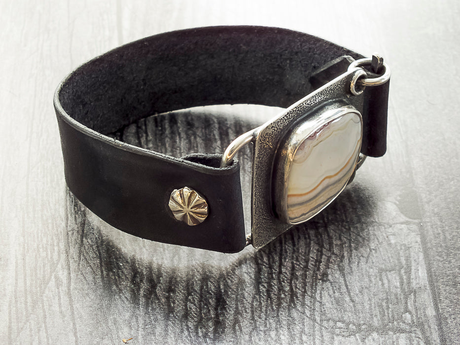black leather bracelet with agate stone