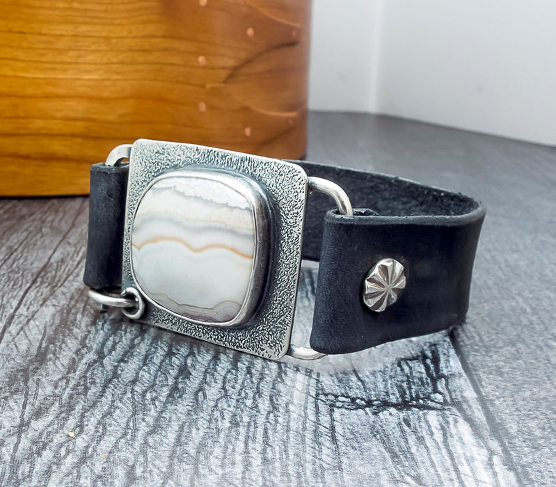 black leather bracelet with agate stone