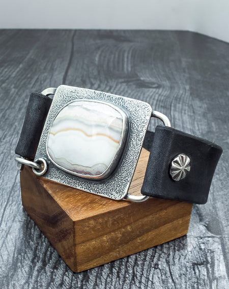 black leather bracelet with agate stone