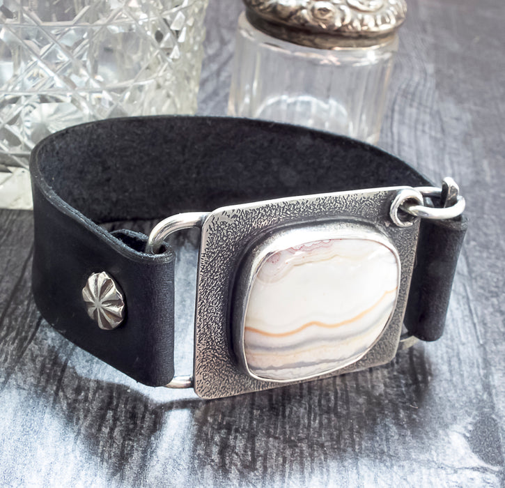 black leather bracelet with agate stone