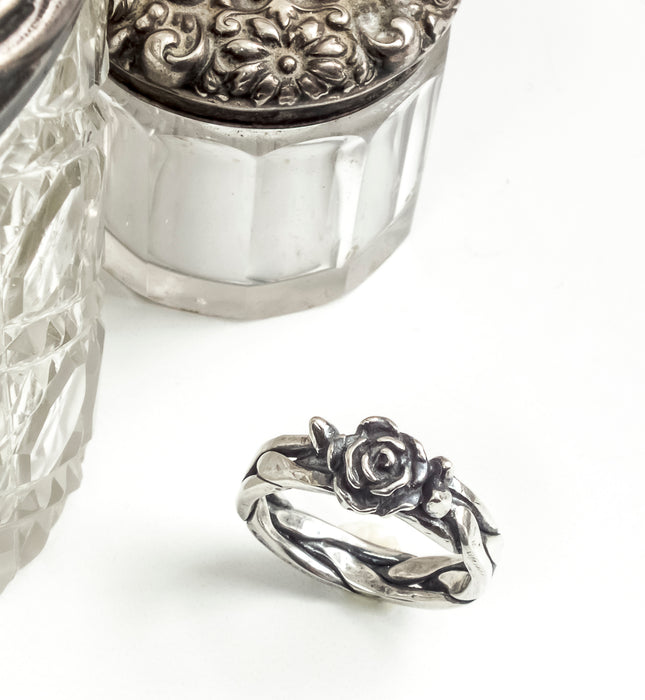 sterling silver braided ring with rose