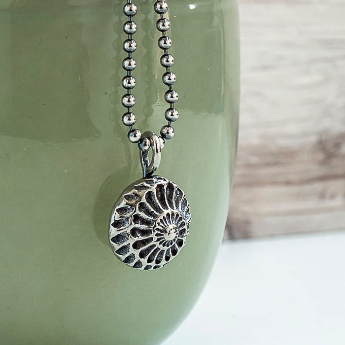 silver ammonite pendant on a silver bead chain