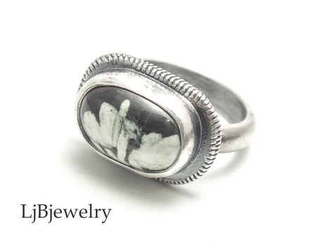chinese writing stone sterling silver ring