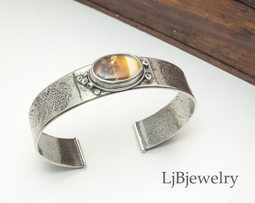 Dendritic agate silver cuff bracelet