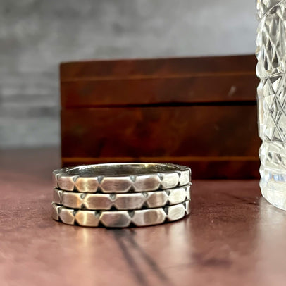 carved silver stacking rings