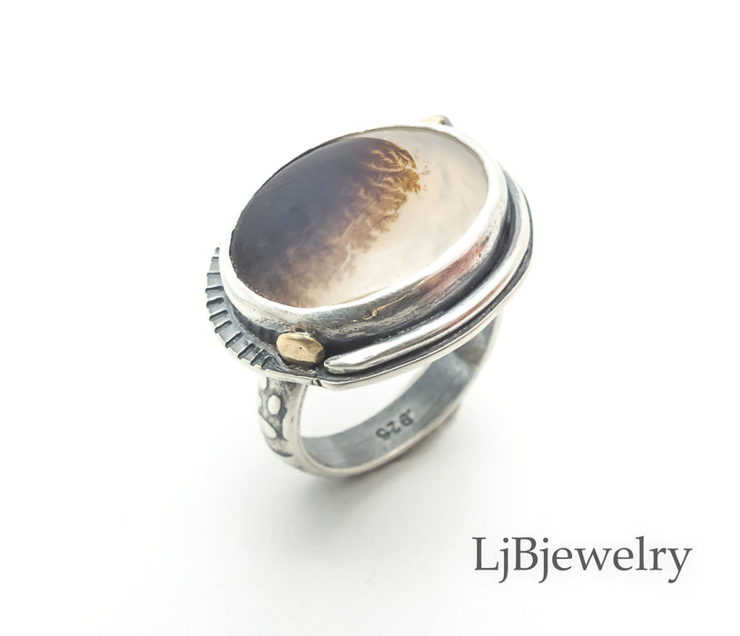silver dendritic agate ring