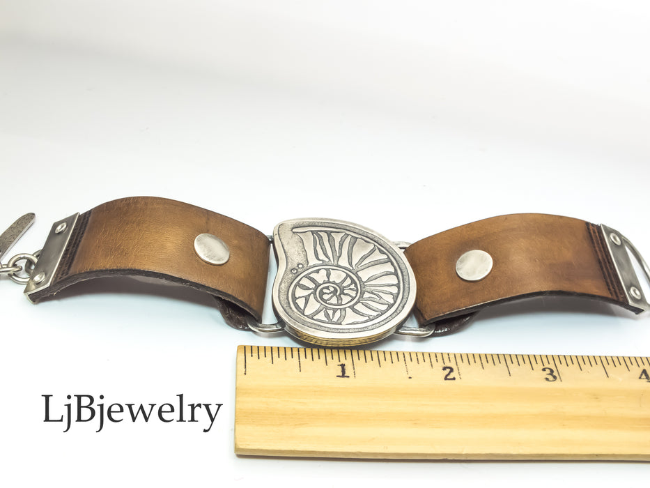 silver nautilus leather cuff bracelet