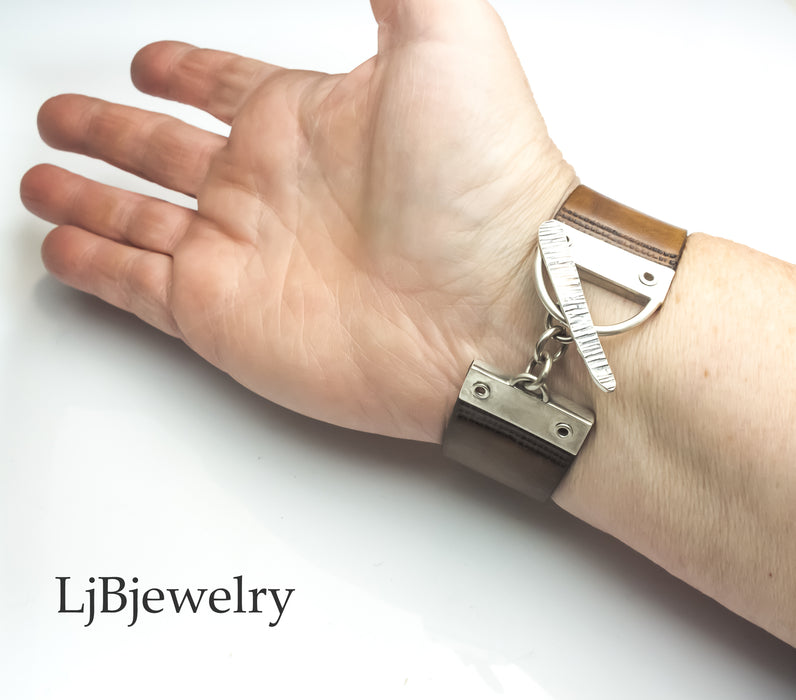 silver nautilus leather cuff bracelet