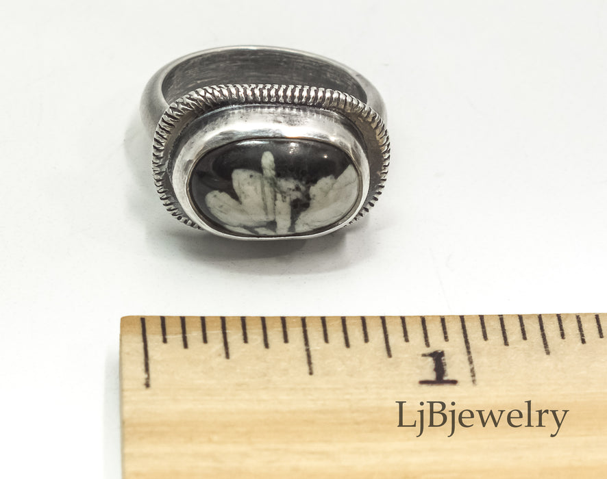 sterling silver ring with chinese writing stone cabochon